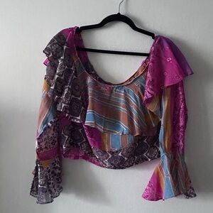 Bebe Womens Bell Sleeve Top Y2K‎ Fairy Ruffle Patchwork Boho Silk L Festival 8